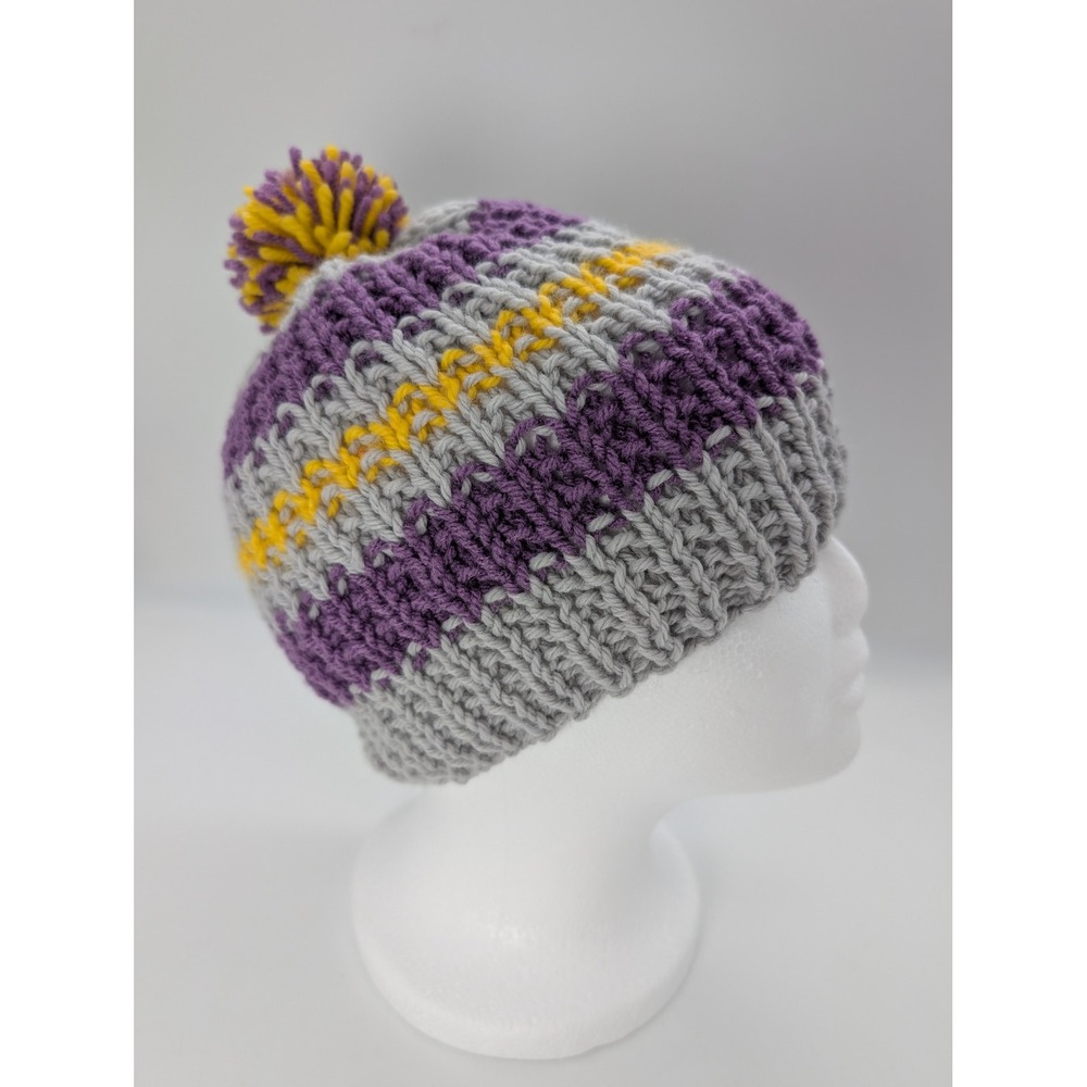 Hand Knitted Striped Wool Blend Pom Beanie Hat Purple Grey Yellow Winter Cap